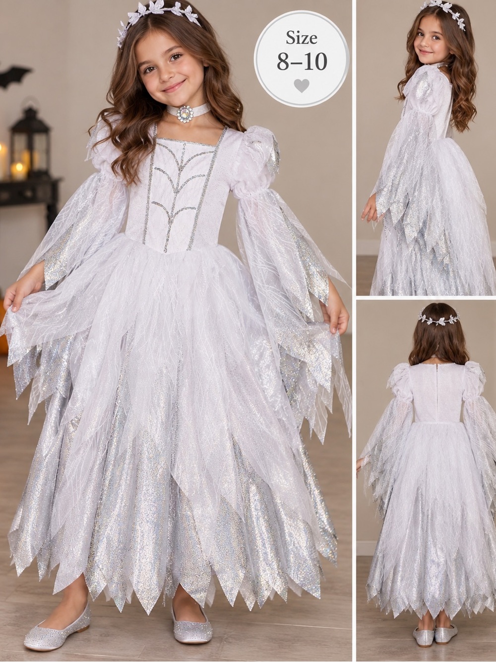 Sparkling White Princess Girl's Costume long Dress Halloween size 8-10